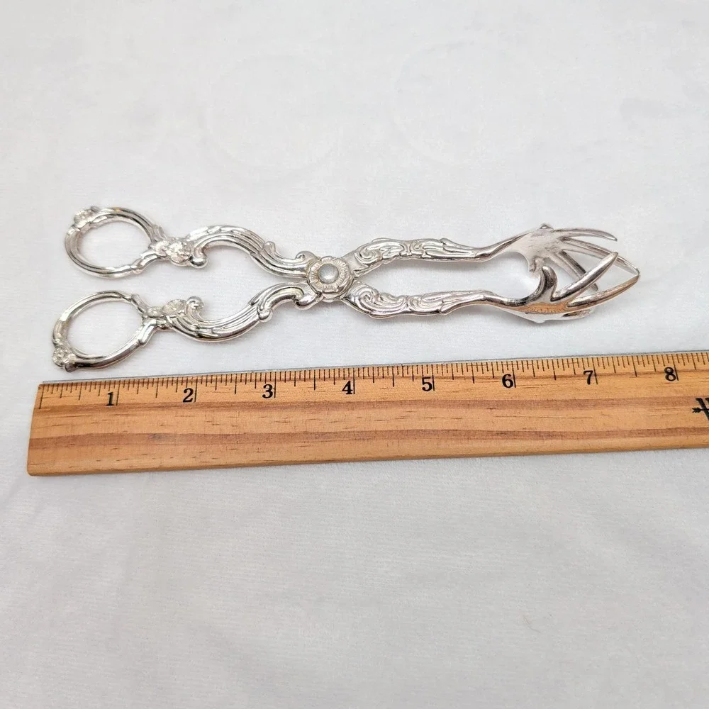 Vintage Italian Silver Plated Scissor Serving Tongs Floral Ornate MCM 8 inch